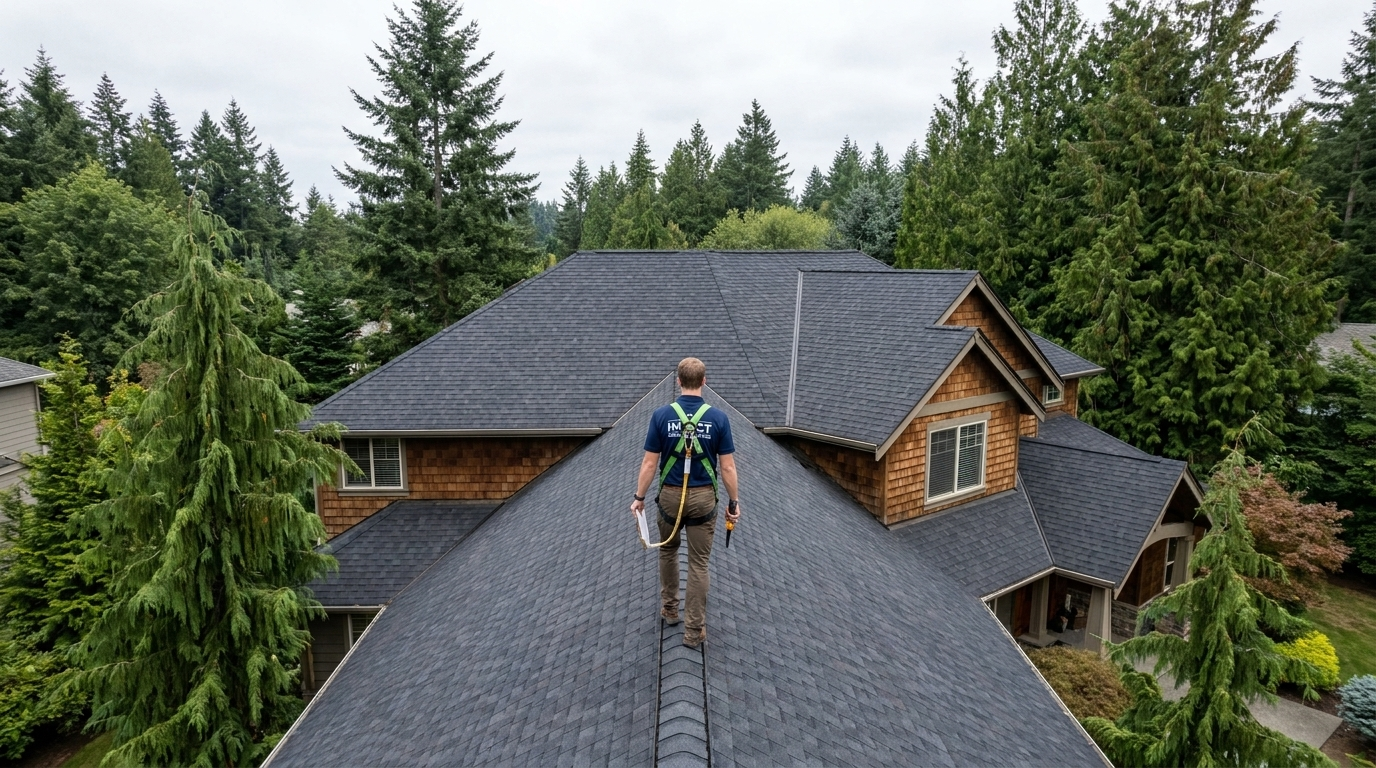 Impact inspector assessing a roof during a home inspection